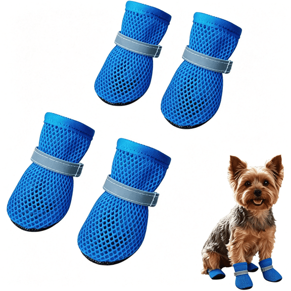 OQRKI Summer Breathable Dog Shoes for Small Dogs, Mesh Dog Boots, Adjustable Reflective Non Slip Paw Protectors Booties for Puppy and Cats Durable Protection Dog Shoes Blue