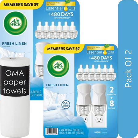 Air Wick Scented Oil Kit – Fresh Linen (2 Warmers   8 Refills)-2pk, With Paper Towel By OMA