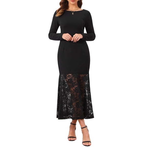 INSPIRE CHIC Women's Lace Dress Formal Fishtail Boat Neck Long Sleeve Wedding Guest Evening Dress S Black