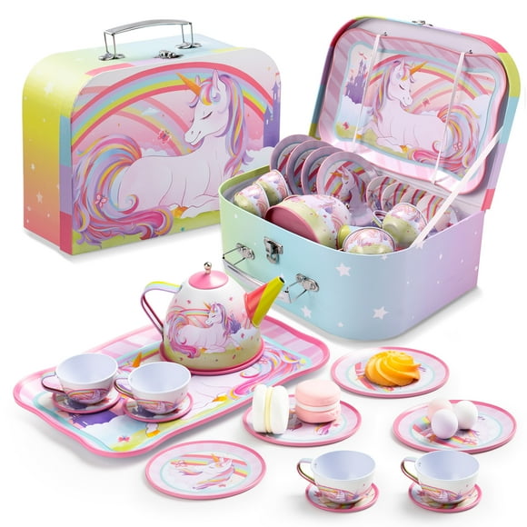 Joyfy Unicorn Tea Set for Girl, Princess Tin Teapot Tea Party Set, Pretend Play Kitchen Toy for Kids Toddlers Age 3 4 5 6