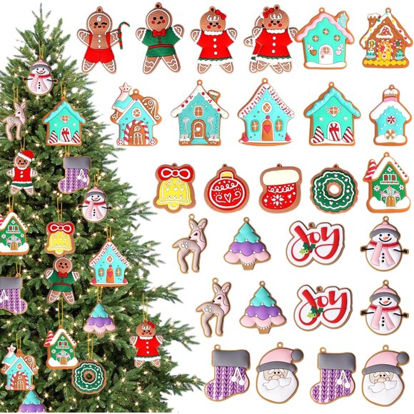 Benustra 28PCS Cookie Man Christmas Tree Decoration, Man Shaped Ornaments for Christmas Tree, Cartoon Figure Snowman Boots Ball Deer House Xmax Holiday Tree Hanging Charms for Winter Home Party Decor