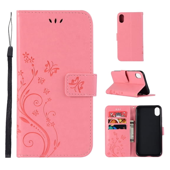 iPhone XS Max Case, iPhone XS Max 2018 Case - Allytech Premium Wallet PU Leather with Fashion Embossed Flower Magnetic Clasp Card Holders Flip Cover with Hand Strap, Pink