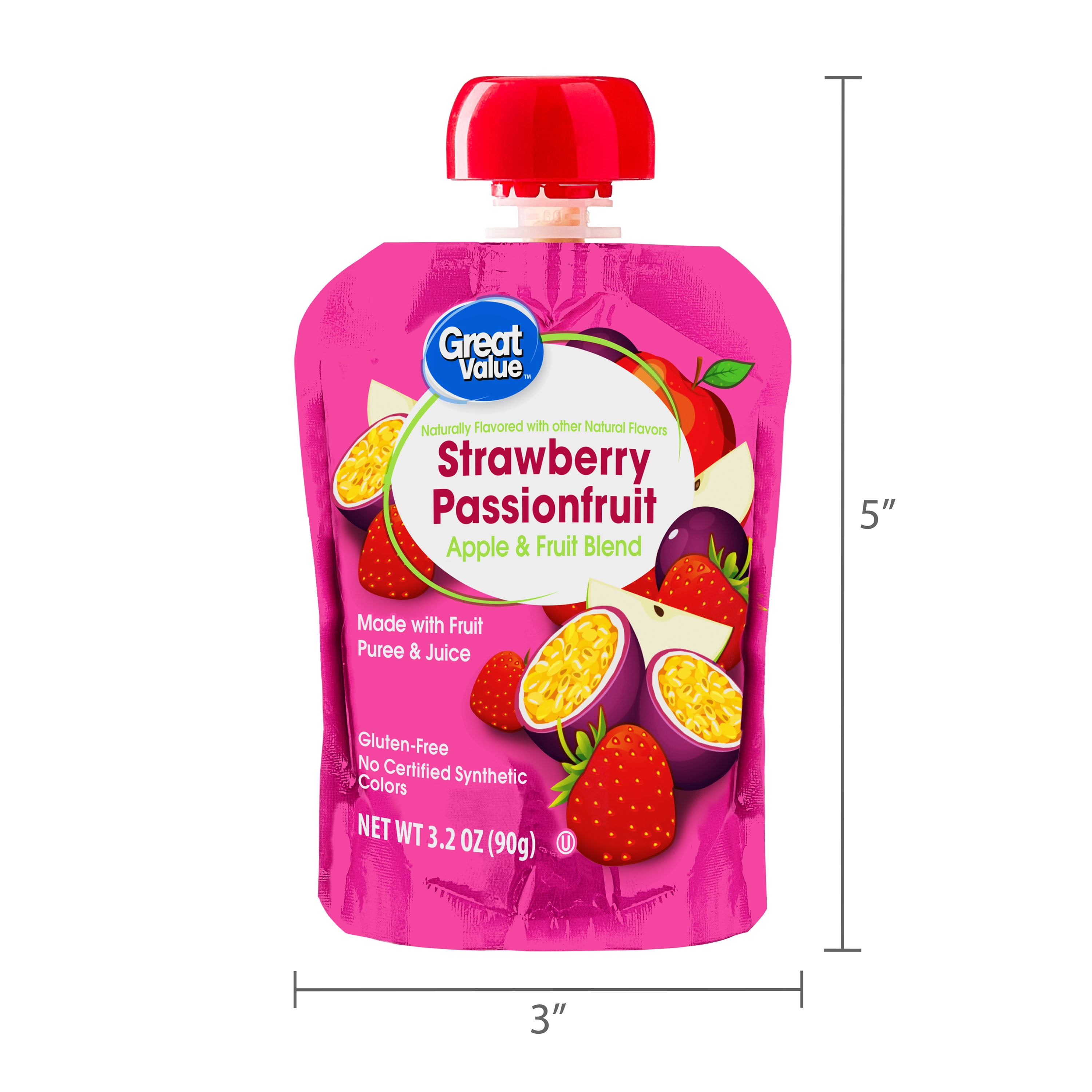 (3 pack) Great Value Strawberry Passionfruit and Strawberry Lemonade Fruit Blend Applesauce Pouches, 3.2 oz, 12 Count Box