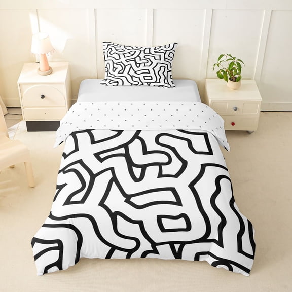 Homewish Abstract Wavy Stripes Twin Duvet Cover,Contemporary Artwork Twin Bedding,White Black,Reversible,2pcs,1 Duvet Cover and 1 Pillowcase