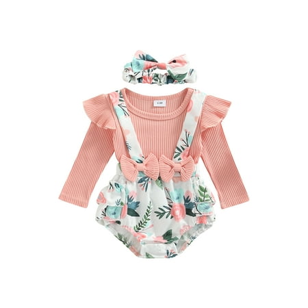 

ZIYIXIN Newborn Baby Girls Clothes Floral Ribbed Romper Patchwork Long Sleeve Bodysuit+Headband Fall Outfits Pink 0-3 Months