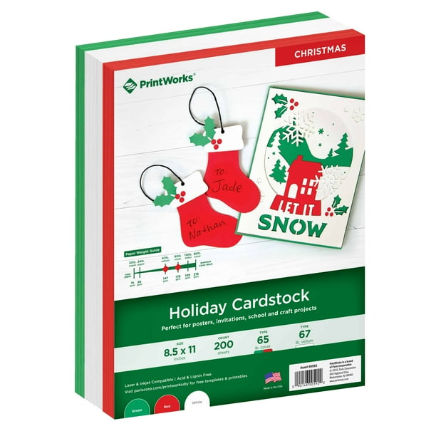 Printworks Holiday Cardstock, Red, White & Green, 8.5 x 11, 200 Sheets