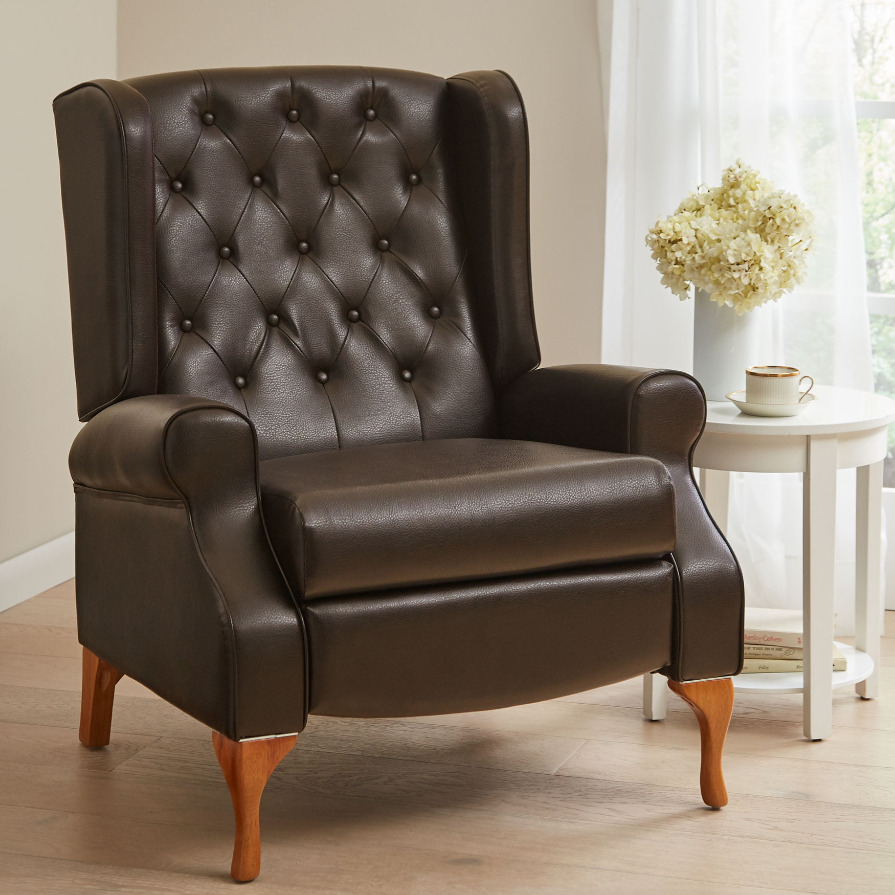 Brylanehome Oversized Queen Anne Style, Brown Leather Wingback Recliner Chair