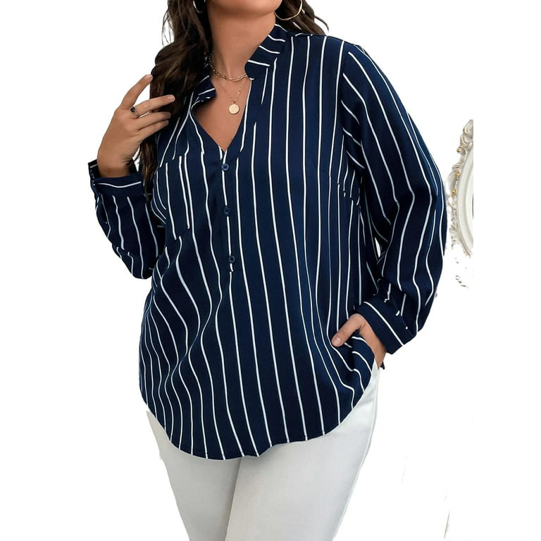 Casual Striped Notched Shirt Long Sleeve Navy Blue Plus Size