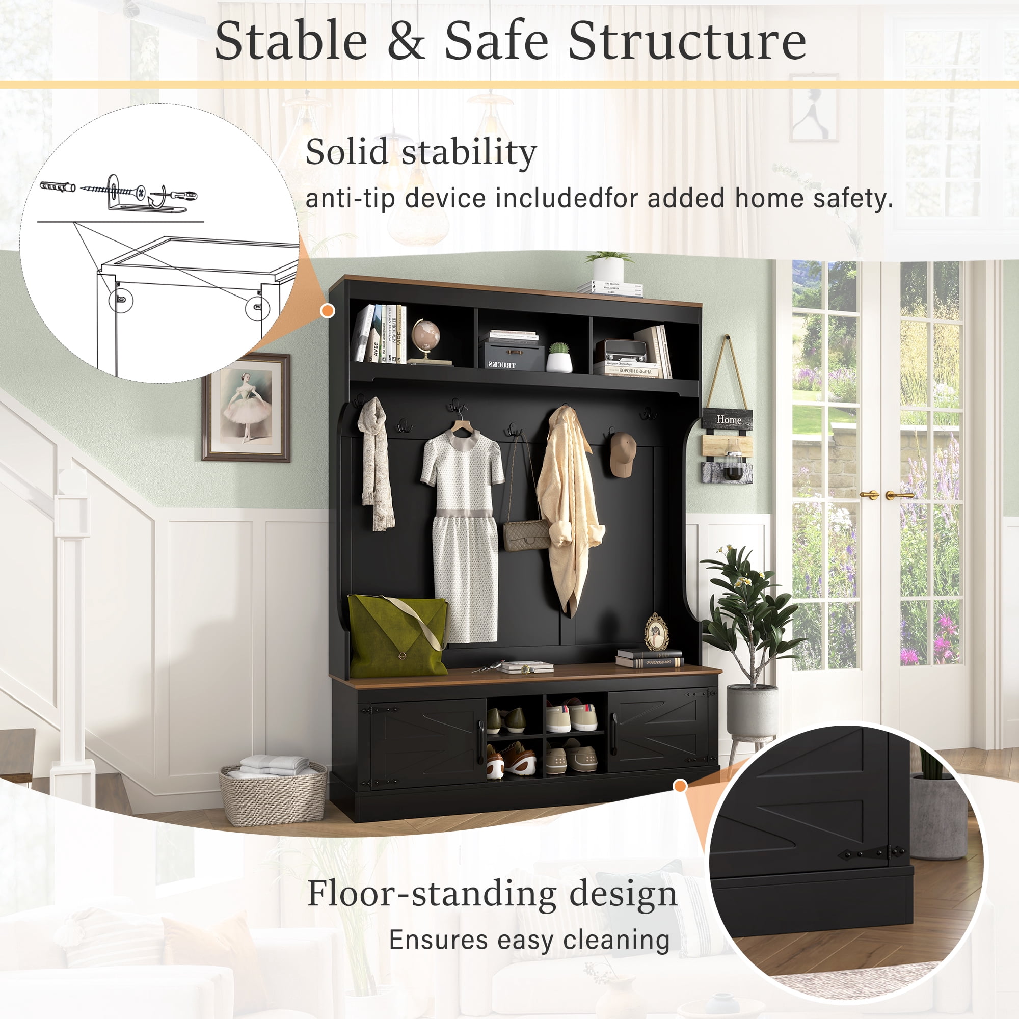 71''H Farmhouse Hall Tree with Shoe Storage Bench, 5-in-1 Entryway Storage Cabinet Organizer with Coat Rack for Hallway, Living Room