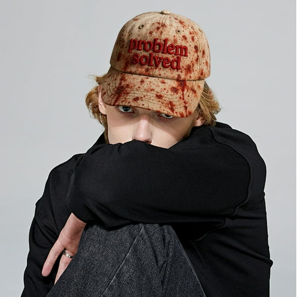 Gorra sangrienta CLLC Problem Solved – Gorra de béisbol unisex ajustable con estampado de sangre falsa, divertida gorra de disfraz de Halloween para fiestas y fanáticos del estilo de terror