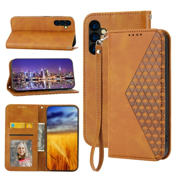 Feishell Compatible with Samsung Galaxy A14 5G Slim Wallet Case with ID Credit Card Slots & Wrist Strap,Shockproof PU Leather Magnetic Closure Folio Flip Kickstand Protective Phone Cover,Yellow