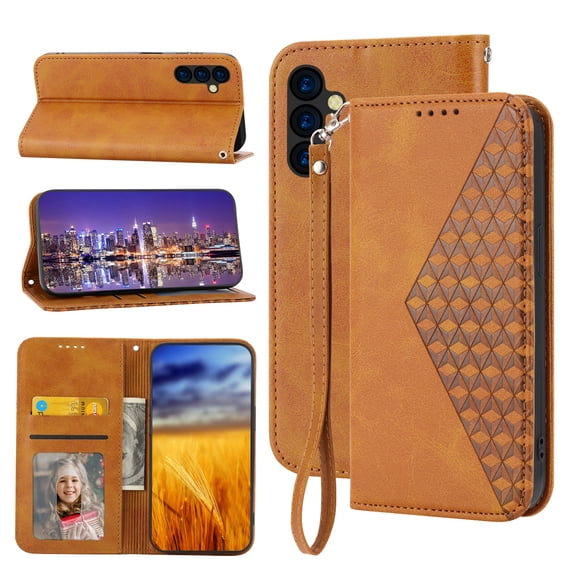 Feishell Compatible with Samsung Galaxy A14 5G Slim Wallet Case with ID Credit Card Slots & Wrist Strap,Shockproof PU Leather Magnetic Closure Folio Flip Kickstand Protective Phone Cover,Yellow