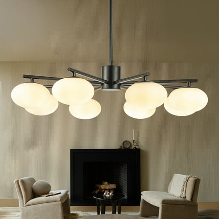8-Light 32'' Matte Black Mid Century Modern Opal Glass Chandelier Classic Globe Pendant Light For Dining Room Living Room