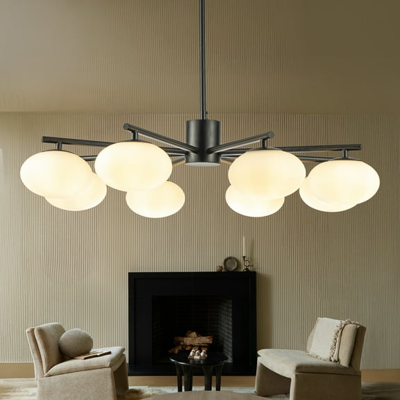 8-Light 32'' Matte Black Mid Century Modern Opal Glass Chandelier Classic Globe Pendant Light For Dining Room Living Room