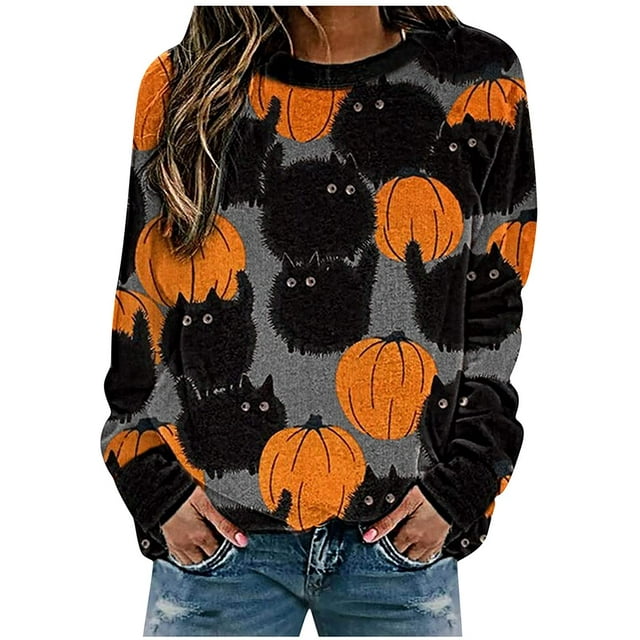 Chandail en Molleton Citrouille Chat pour Femmes Halloween Col Rond Chandail Manches Longues Hauts Décontractés Amples