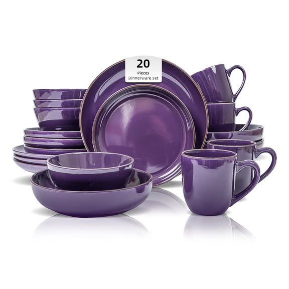 20-Piece Dinnerware Set - Serves 4, Bright Glaze Purple plates and bowls sets with Speckle Effect for Microwave & Dishwasher Safe