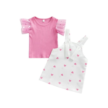 

PDYLZWZY Toddler Kids Girls Clothes Set Sequins Mesh Ribbed Knit T-shirt with Suspender Overalls Dress Pink 4-5 Years