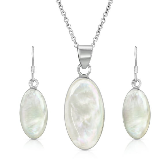 Stunning Oval White Pearl Sterling Silver Earrings Necklace Wedding Jewelry Set