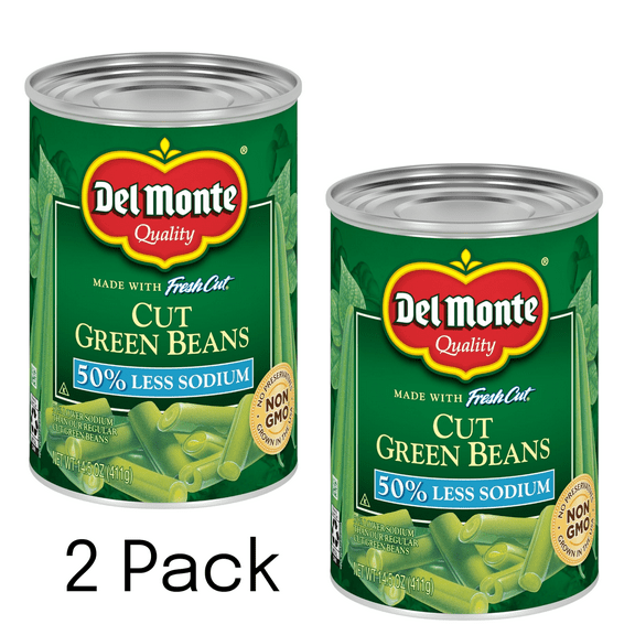 Del Monte 2 Pack 50% Reduced Sodium Cut Green Beans, 14.5 oz Can