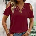 thumbnail image 5 of RYRJJ Womens Summer Cold Shoulder Tops Short Sleeve V Neck T Shirts Loose Dressy Casual Tunic Blouses Criss Cross Tees(Wine,L), 5 of 9