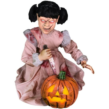 Lunging Pumpkin Carver Zombie Girl with Jack O Lantern by Tekky  Premium Talking Halloween Animatronic  Plug-In or Battery