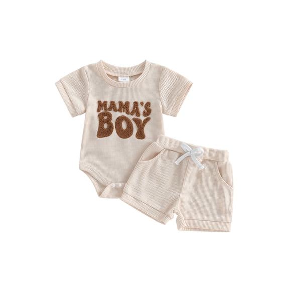 BemeyourBBs Newborn Baby Boys Mama's Boy Outfit Infant Baby Boy Summer Clothes Waffle Knit Short Sleeve Letters Embroidery Romper with Shorts Set 2Pcs Outfits