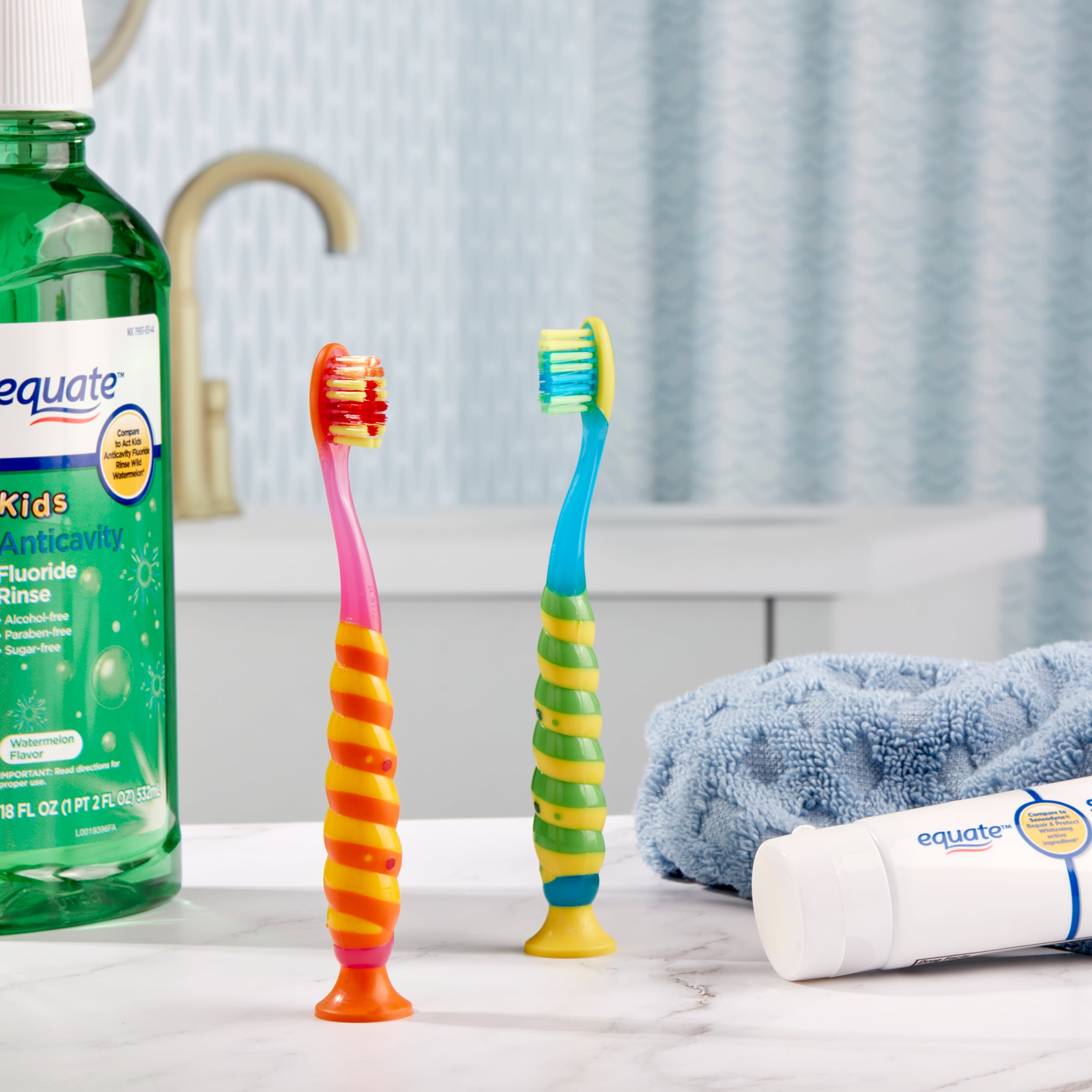 (4 pack) Equate Kids Toothbrush for Ages 3 to 6 with Suction Cup, Soft Bristles (2 Count)