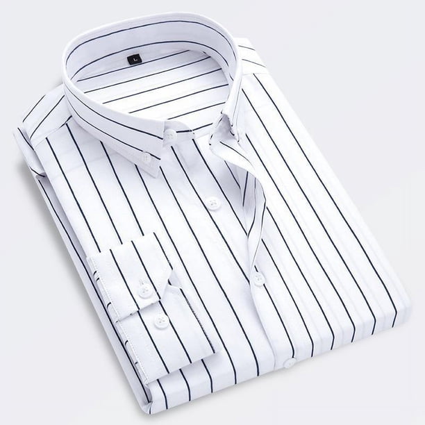 Camisa clásica a rayas para hombre, con bolsillo en el pecho y rayas verticales, de otoño, de manga larga, formal, azul, para negocios, de gran tamaño.