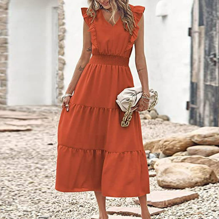 Finelylove Mini Summer Dress Fitted Dress V-Neck Solid Short Sleeve Sun  Dress Orange