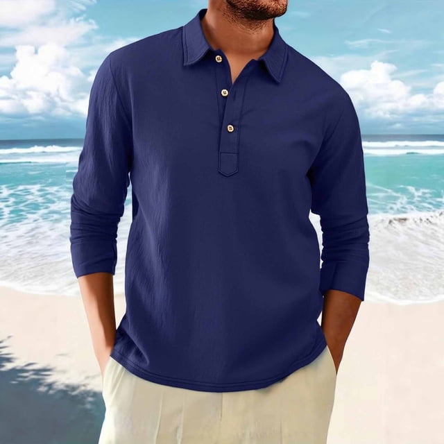 Ceisia Men's Relaxed Fit Long Sleeve Collared Linen Shirt Casual Solid Color Top Navy XXXL Gifts