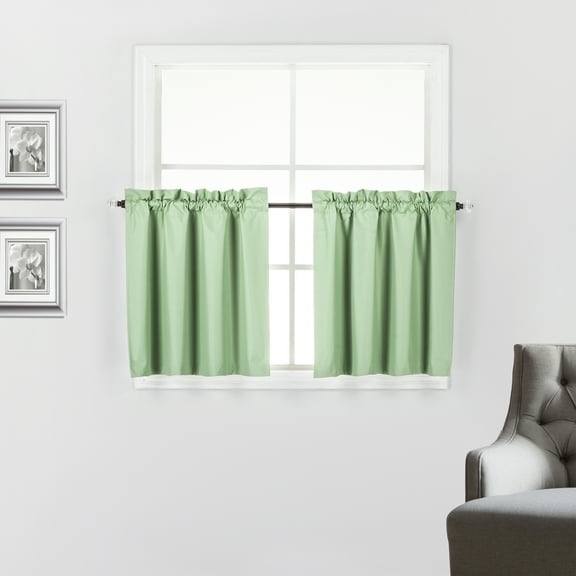 2 Piece 100% Blackout Insulated Rod Pocket Kitchen Curtain Tiers Set for Small Windows 24" Long, Sage