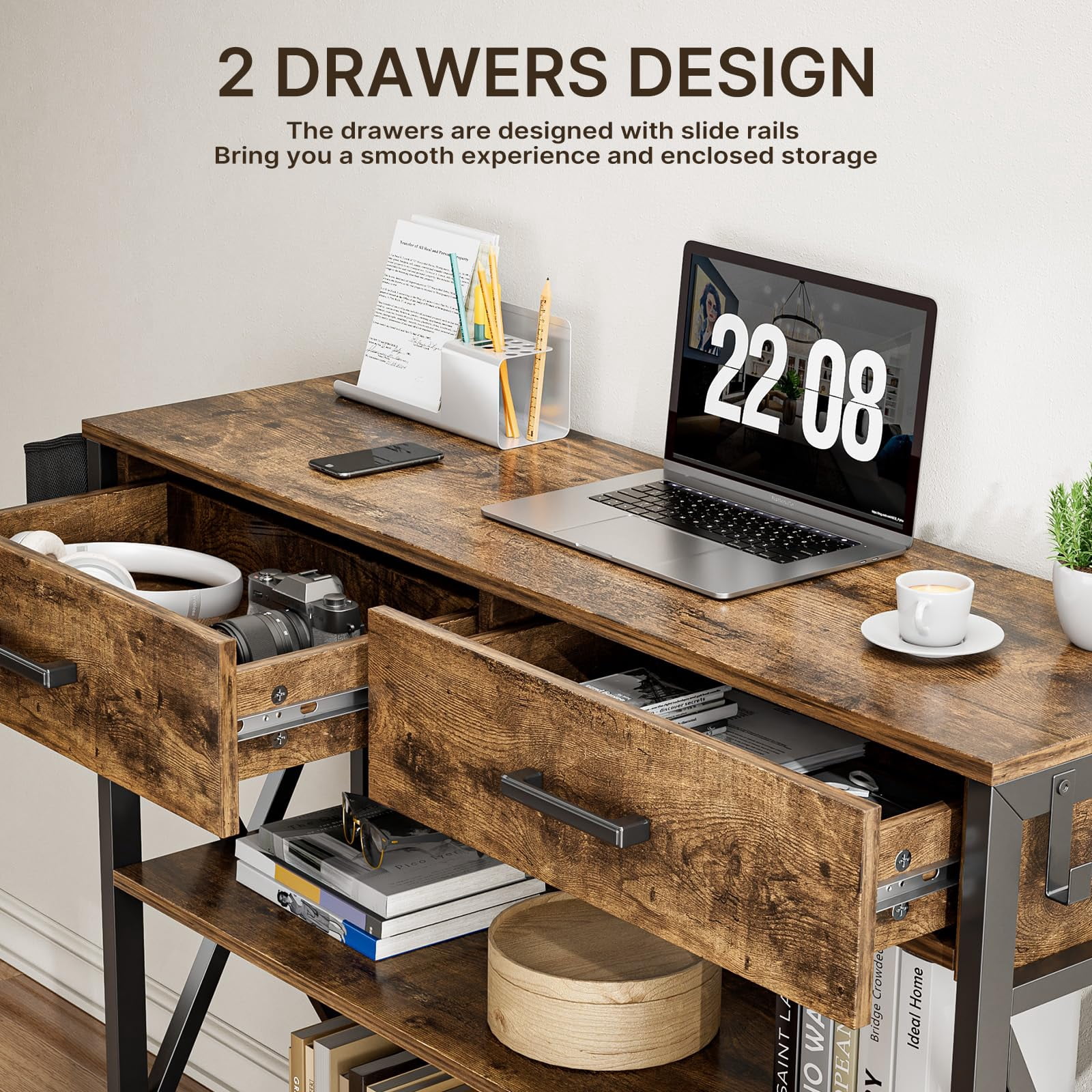 Aiho 39" Entryway Table with 2 Drawers, Modern Console Table with 3 Tier Storage Shelves, Sofa Table for Livingroom, Entruway, Small Spaces, Retro