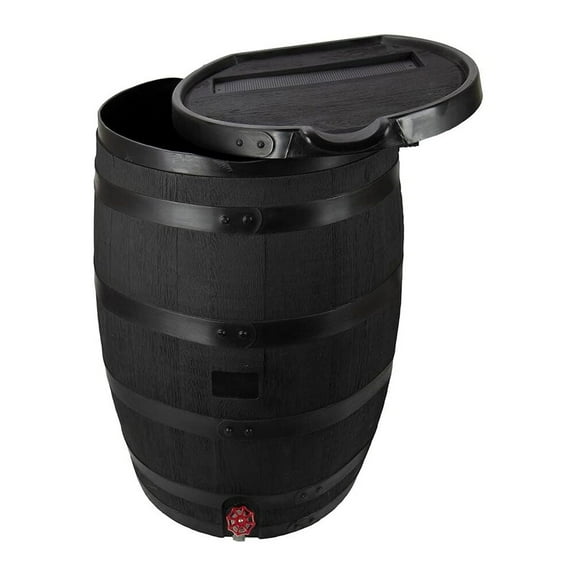 RTS Home Accents Polyethylene 55 Gallon Premium Flat Back Eco Rain Barrel with Removable Lid, Black Color