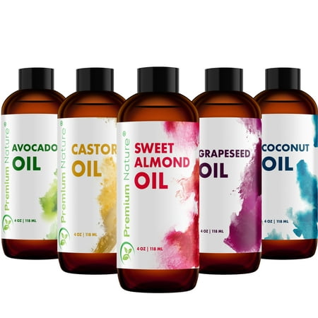 Premium Nature Carrier Oil Gift Set of Five Variety Pack Coconut Oil Castor Oil Grapeseed Oil Avocado Oil Almond Oil 4 oz (Best Carrier Oil For Itchy Skin)