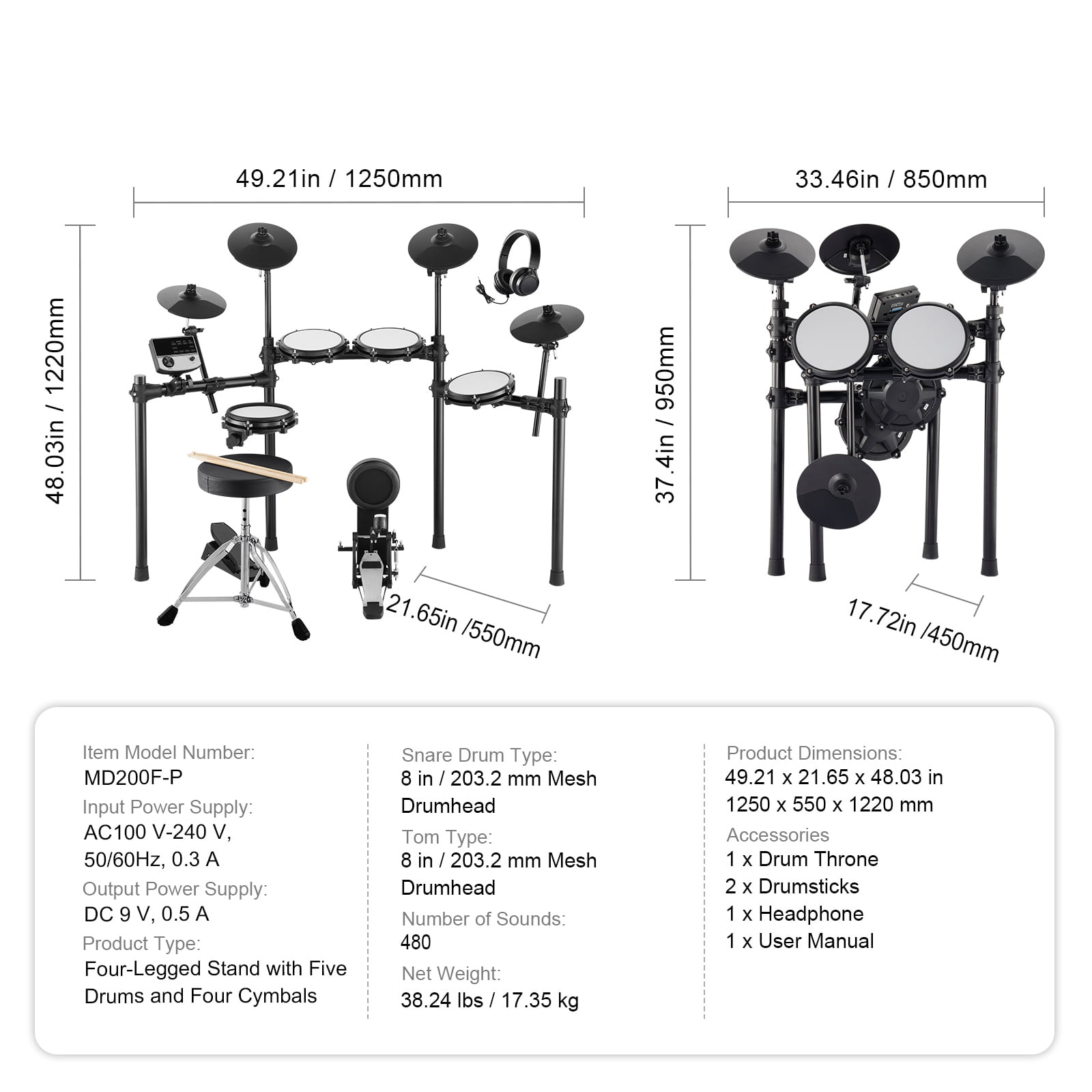 KFFKFF Electronic Drum Set, Collection of 32 Drum Kits & 480 Unique Sounds, 8 in Silent Mesh Snare, USB MIDI Compatible, Comes with 10 in Cymbals, Drum Sticks & Headphones