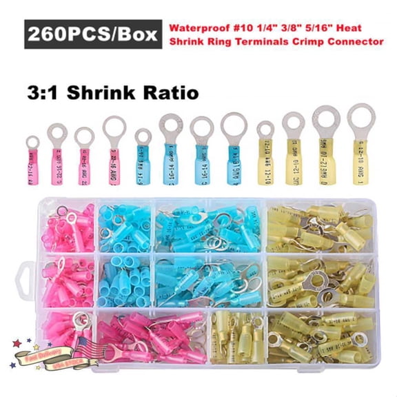 260pcs Heat Shrink Ring Terminals Wire Crimp Connectors #10 1/4" 5/16" 3/8" USA