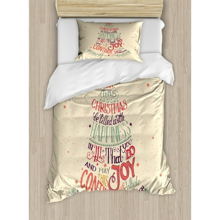 Champagne Bedding Christmas Duvet Cover Set, Vintage Inspired Design of a Noel Tree with Wise Xmas Words and Wishes, Decorative Bedding Set with Pillow Shams, Champagne Multicolor, by Ambesonne ()