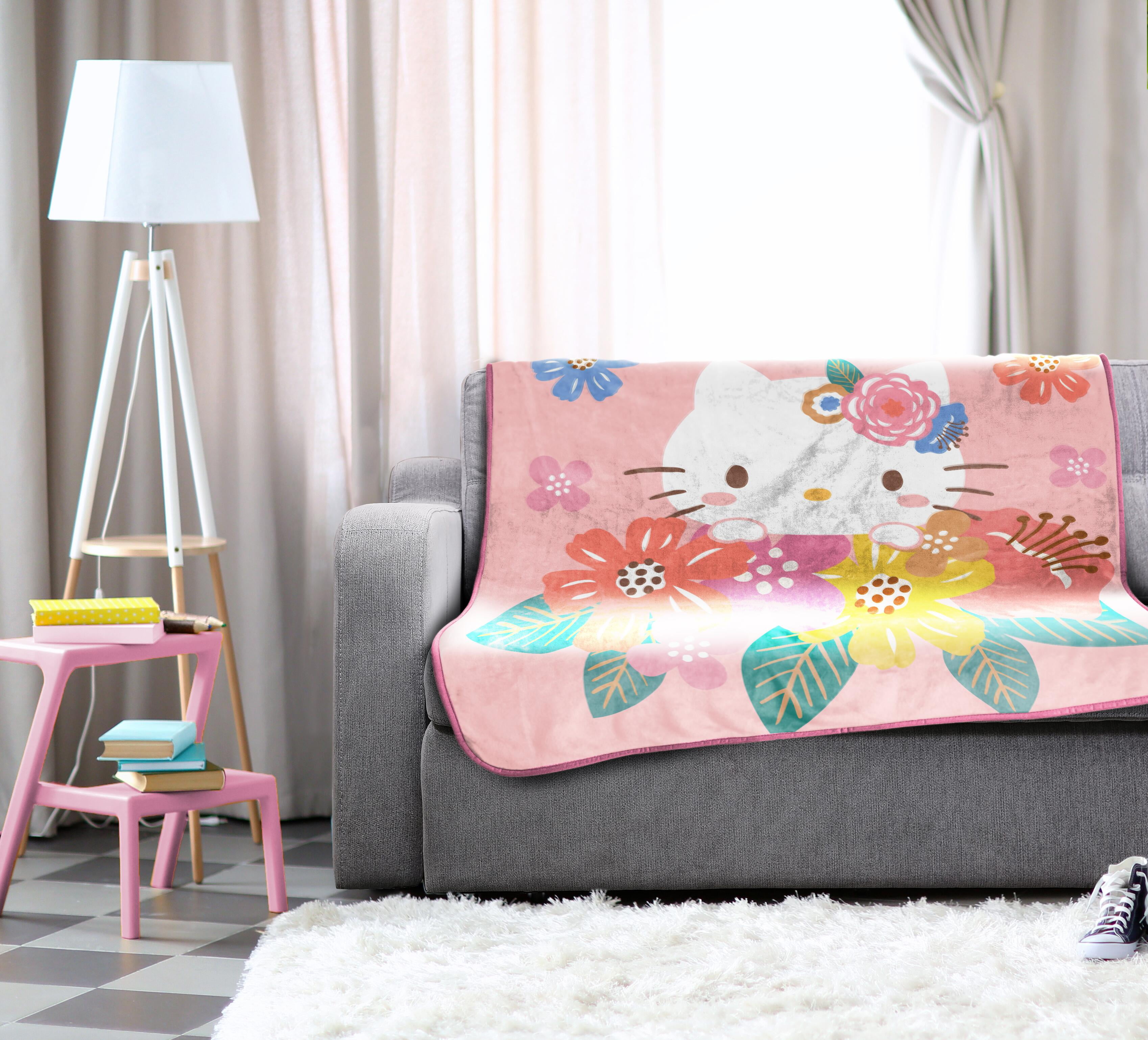 Sanrio Hello Kitty Floral Grace 46 x 60 Coral Fleece Kids Throw Blanket - Soft Bedding Accessories