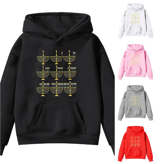 Gyujnb Chanukah Menorah Graphic Casual Long Sleeve Sweatshirt Daily Pullover Top (Toddler to Big Boys),13-14 Years