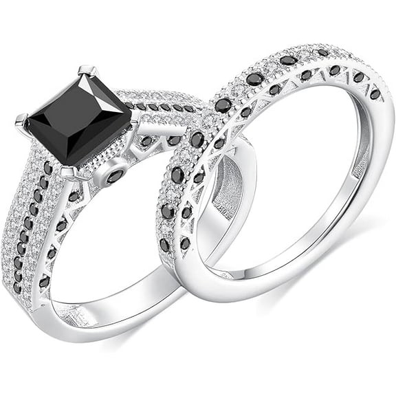 Rag Jewels 925 Sterling Silver 2.30 Ct Princess Cut Black & White Diamond Wedding Engagement Thanksgiving Christmas Bridal Ring Set 14K White Gold Plated For Women's -4.5