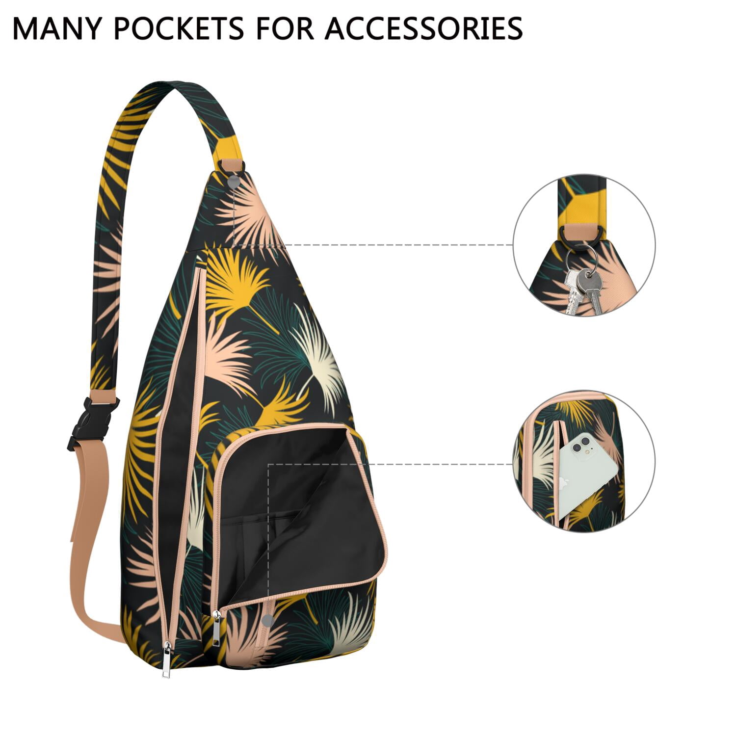 Botanical Jungle Leaves Sling Bag for Women & Men, Multi-Pocket Lightweight Shoulder Bag for Travel