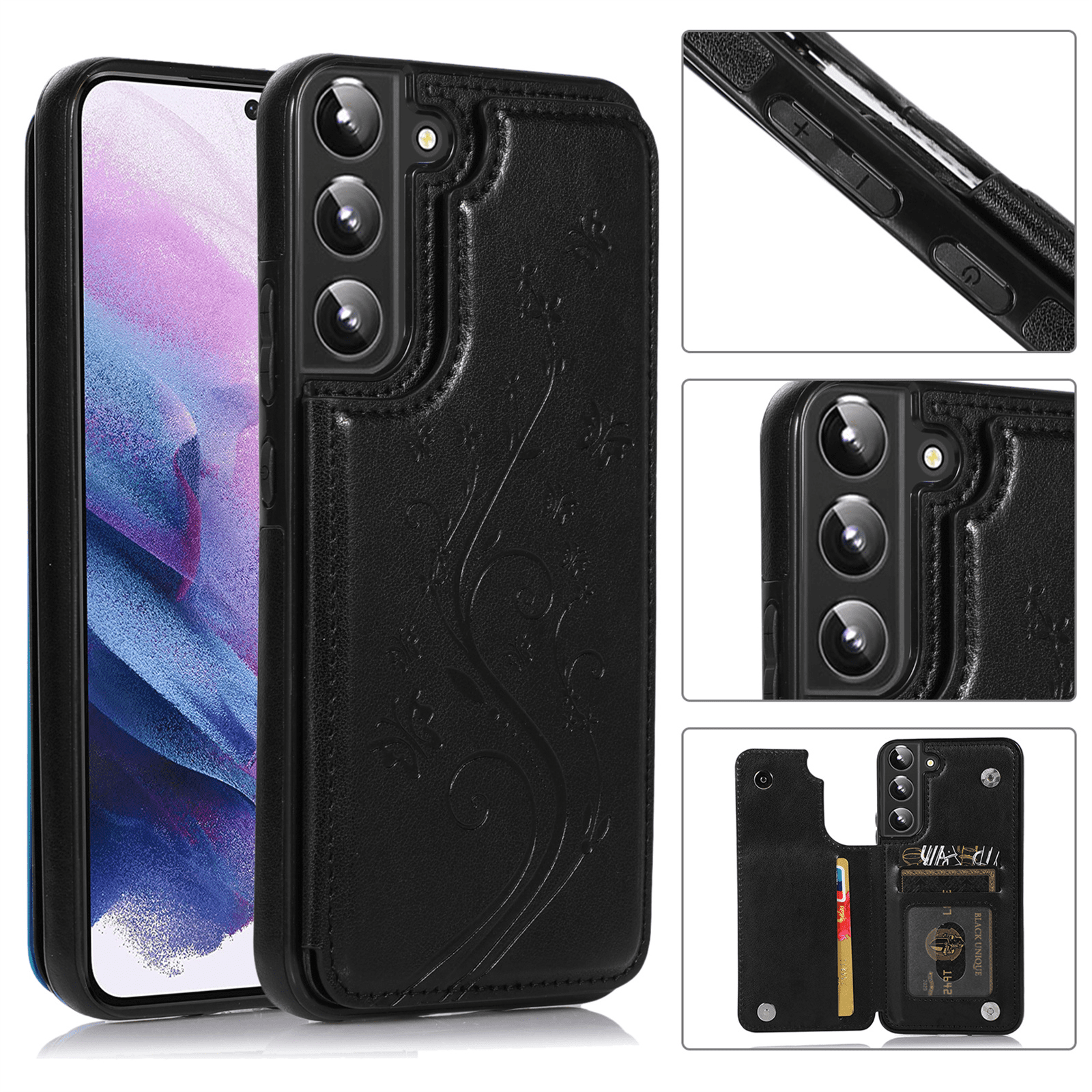 Asuwish Compatible with Samsung Galaxy S22 5G Wallet Phone Case Tempered Glass Screen Protector and Flower PU Leather Credit Card Holder Stand Cell Cover for S 22 22S 4G G5 6.1 inch Women Men Black