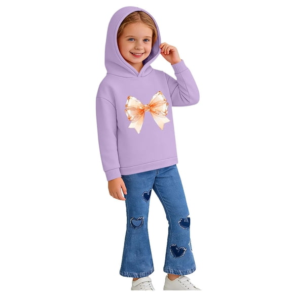 Eltusu Girls Cotton Outfit Sets, Graphic Fare Leg Long Sleeve Hoodies&Jeans Sets Purple Size 2-8 T