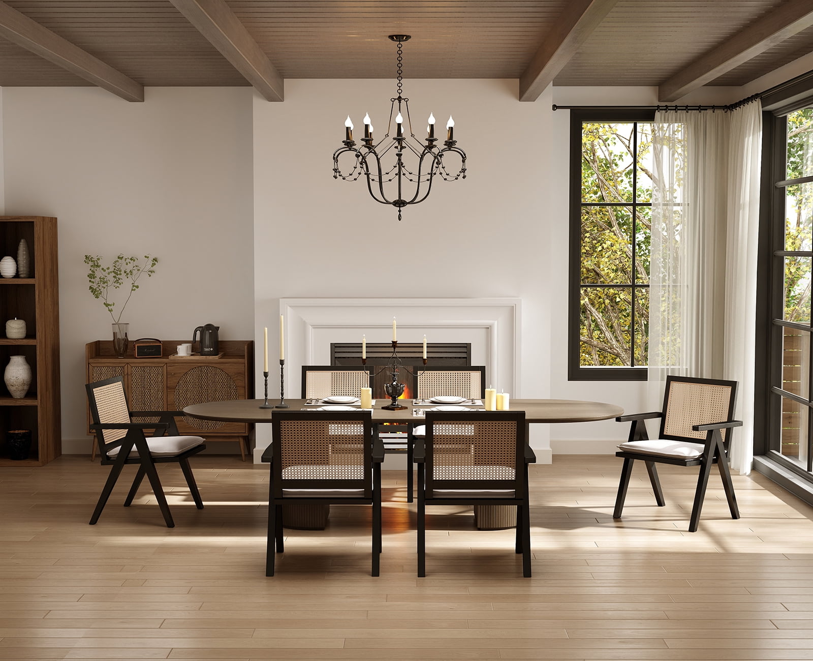 Guyou Modern Rattan Dining Chair Set of 2, Mid-century French Farmhouse Upholstered Solid Wood Armchair Reading Chair, Retro Accent Chair with Woven Back and Black Base, Beige Fabric