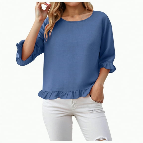 Godom Crewneck Shirts Women 3/4 Sleeve Casual Loose T-Shirts Summer Solid Tunic Tops Tees