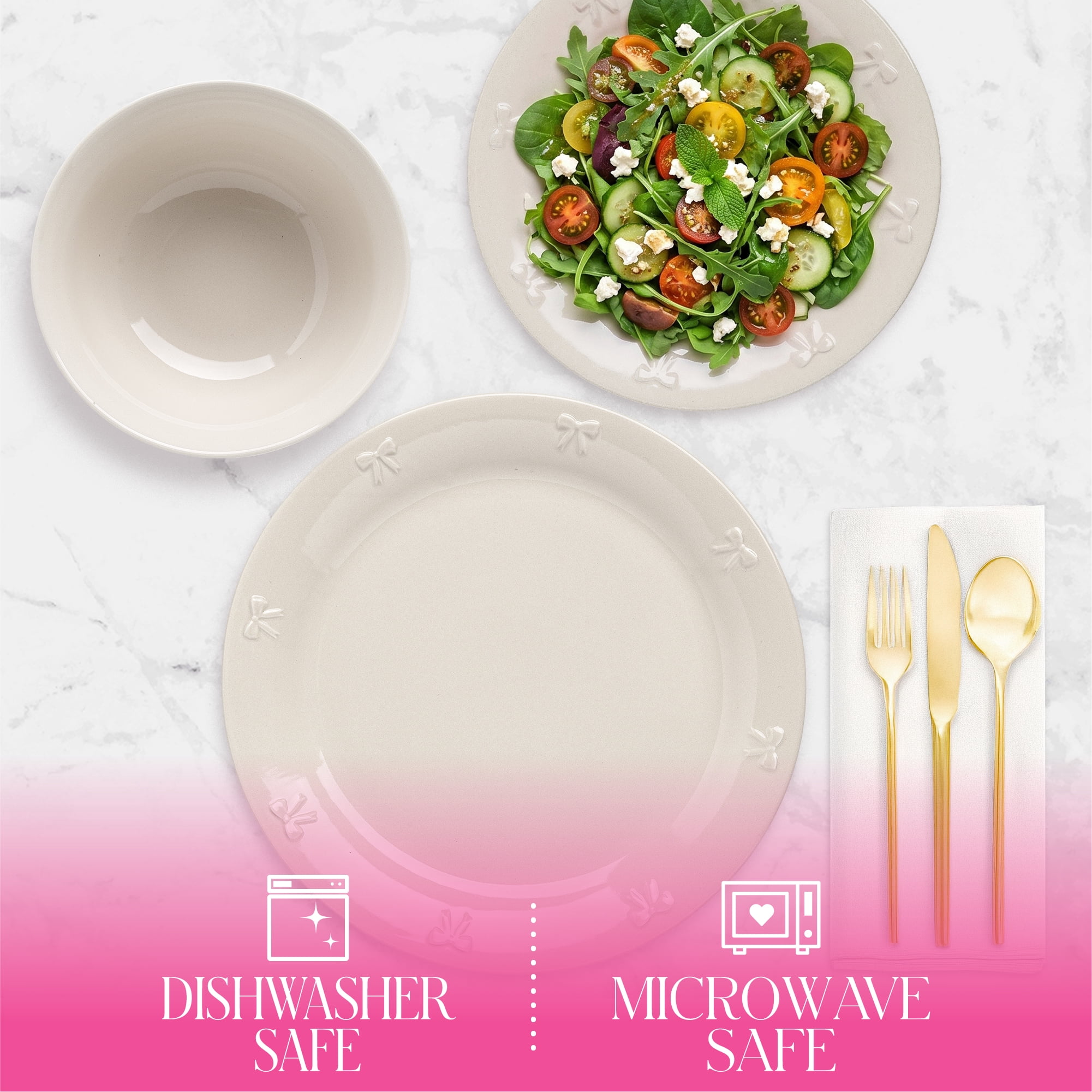 Paris Hilton London Collection 12-Piece Stoneware Dinnerware Set, Plates & Bowls Dish Set, Service for 4, Microwave & Dishwasher Safe, White with Bow Design
