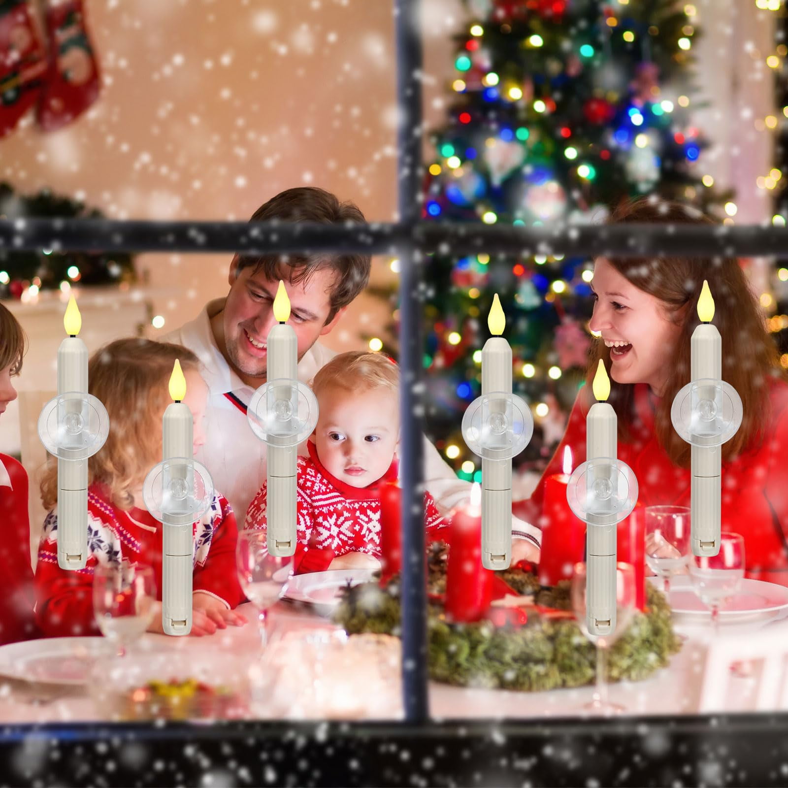Classic Style Christmas Window Decorations - 12 Sets Battery Operated Window Candles with Dusk to Dawn Sensor, Flameless LED Candlesticks Bulk for Xmas Decor