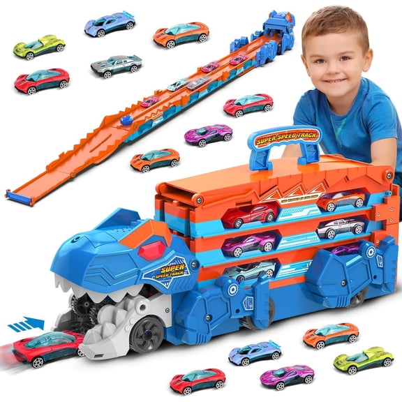 TERRAMUS Dinosaur Transport Truck Toy, 2-in-1 Folding 65-Inch Racing Track Carrier Vehicle with 8 Diecast Cars Toys for Toddlers Kids Age 3 