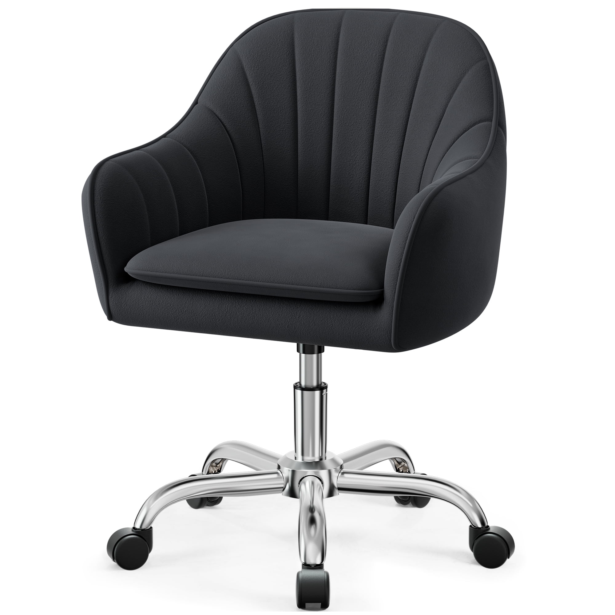 COOLHUT Office Desk Chair with Padded, Velvet Vanity Chair with Back and Wheels, Home Office Chiar with Sliver Legs, Height Adjustable, Rolling Chair for Vanity Room, Makeup Room, Bedroom, Black