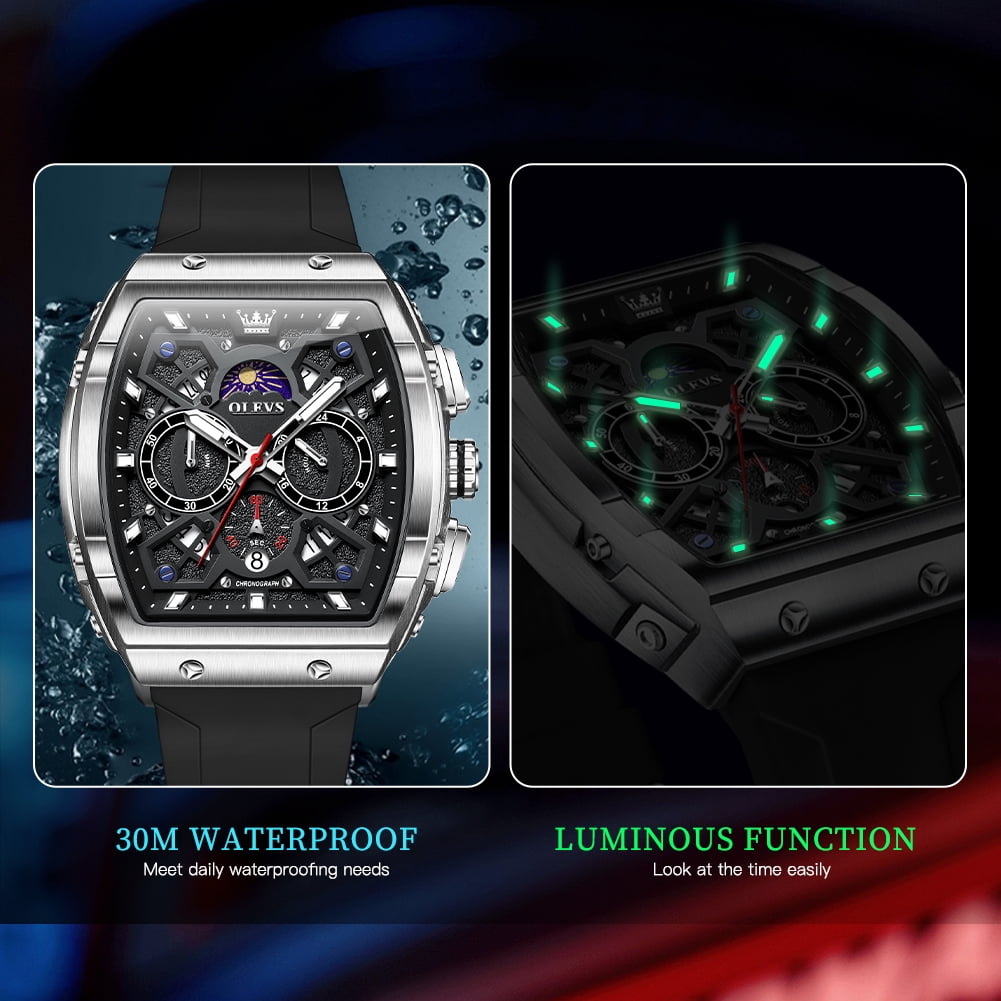 OLEVS Watches for Men Chronograph Waterproof Luxury Dress Quartz Silicon Strap Multifunction Moon Phase Calendar Luminous Men Wrist Watches Reloj Para Hombre Black/Red